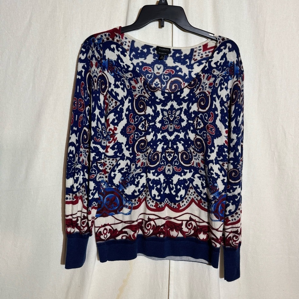 Talbots // merino wool navy, maroon medallion scoop neck sweater sz medium aug1